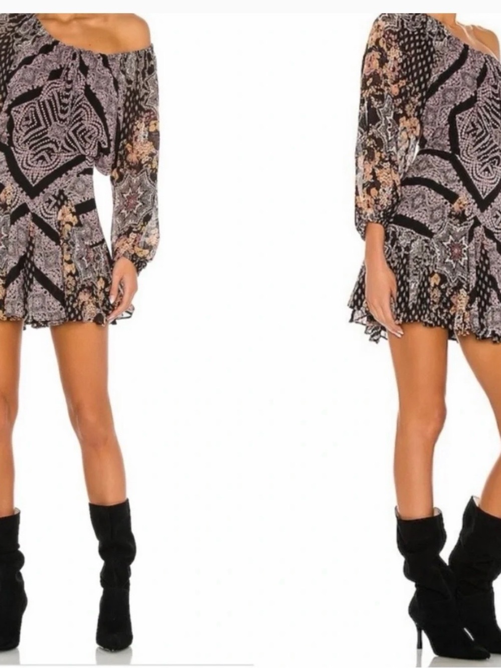 Free People Black Mixed-Print Long-Sleeve Mini Dress with Pink and Peach Accents